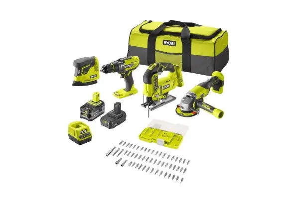 Directo De Fábrica Pack Taladro + Amoladora + Sierra De Calar + Lijadora Ryobi One+ R18Ck4F-252S/ 2 Baterías 18V 5,0 Y 2,0 Ah/ Cargador 2,0 A/ Bolsa De Transporte