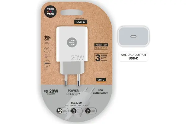 Cargador De Pared Tech One Tech Tec2260/ 1Xusb Tipo-C/ 20W Última Versión