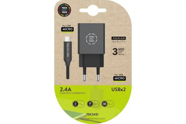Disponible Ahora Cargador De Pared Tech One Tech Tec2421/ 2Xusb + Cable Micro Usb/ 2.4A/ Negro