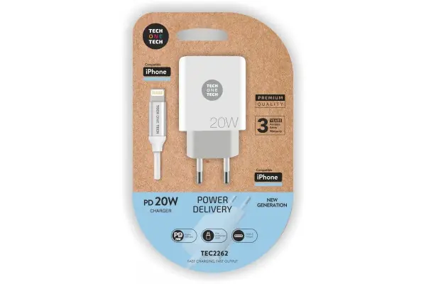 Cargador De Pared Tech One Tech Tec2262/ 1Xusb Tipo-C + Cable Lightning/ 3A/ Blanco Popular
